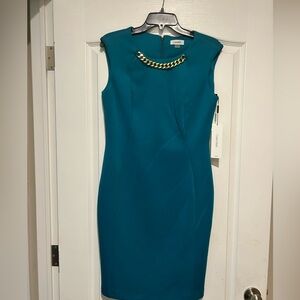 Calvin Klein Sleeveless Dress Size 10 Green/Teal with Gold Accent NWT